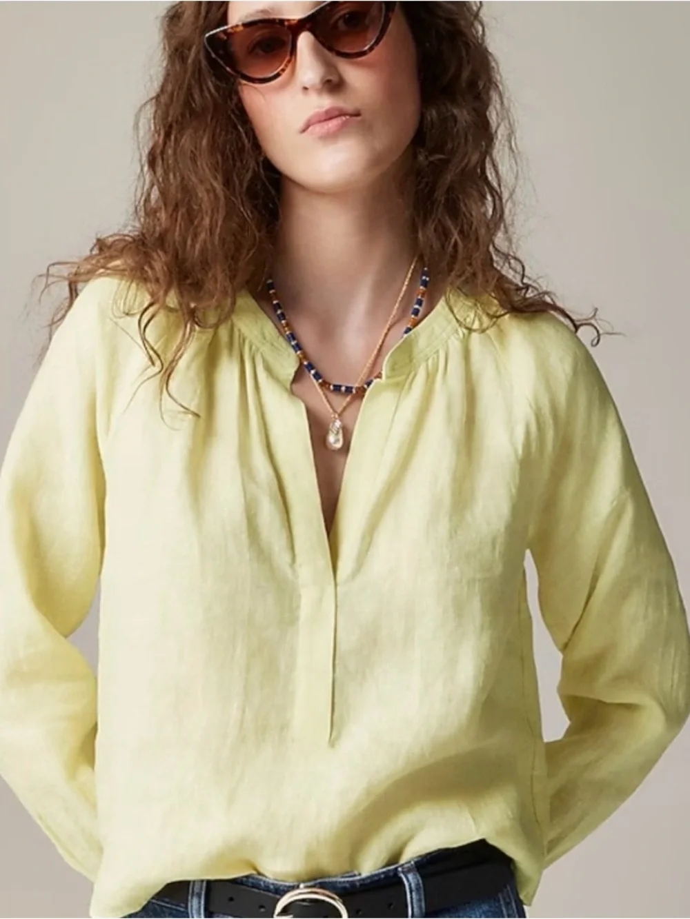 J. Crew Pale Yellow Linen-Blend V-Neck Blouse